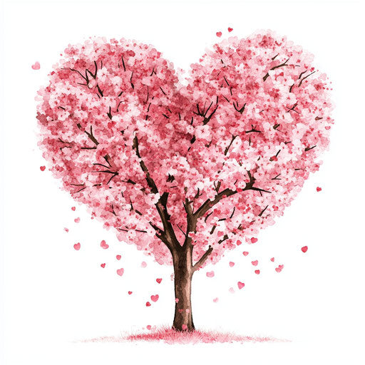 Cherry blossom heart tree on white background, cute cartoon style