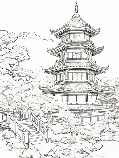 Pagoda coloring pages inspired by detailed botanic studies
