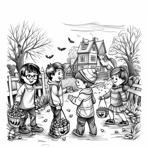 Children collecting candy corn in trick-or-treat baskets