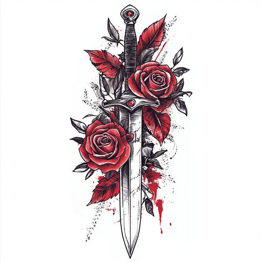 Sketch of mafia tattoo incorporating blood-red roses and daggers, on pure white background