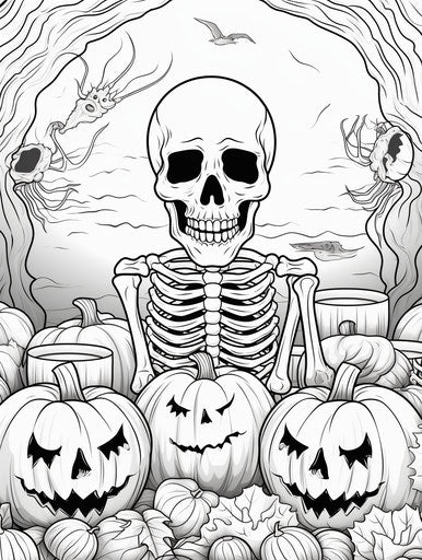 Halloween coloring page with pumpkins and skeletons