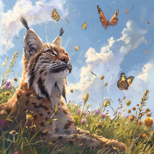 Lynx and butterflies in a playful meadow