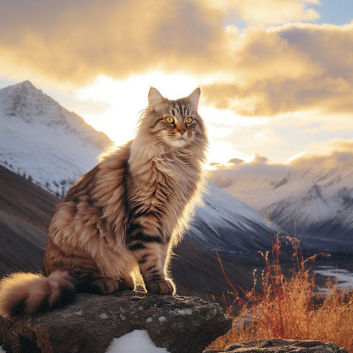 A Siberian cat in front of mountain scenery