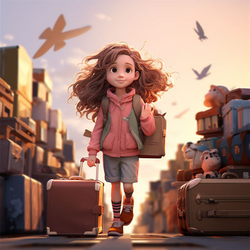 Girl with suitcases, cartoon poster, light bronze and pink style