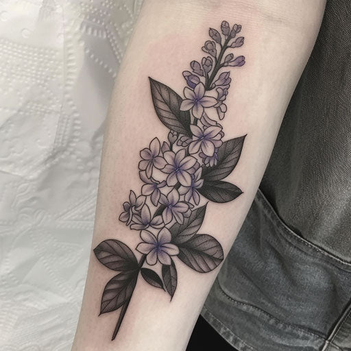Intense black shading and creative linework on lilac tattoo