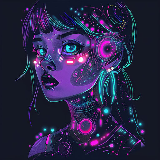 Flat girly tattoo sketch with cybernetic patterns and neon lights
