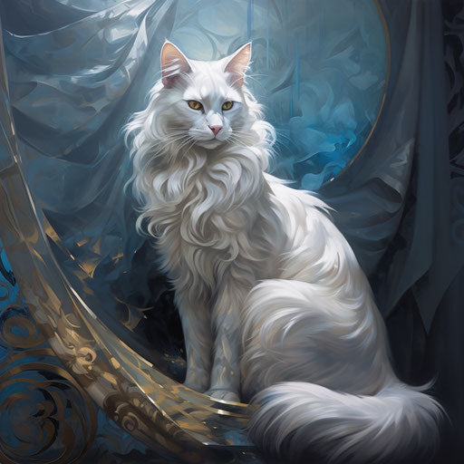 The white and grey cat on a cover with paws, dark and brooding style