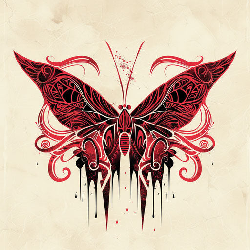 Red butterfly tattoo sketch with tribal patterns