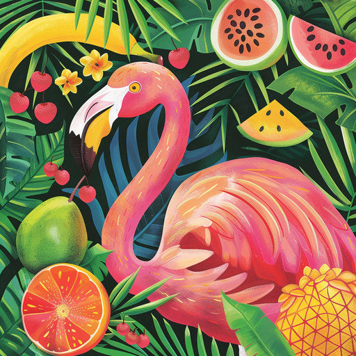 Flamingo delighting in tropical fruit feast