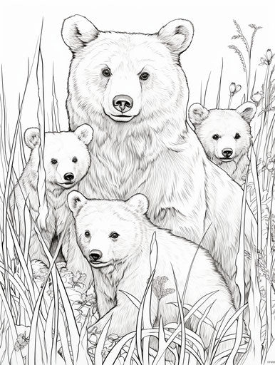 Bears standing together in grass coloring pages