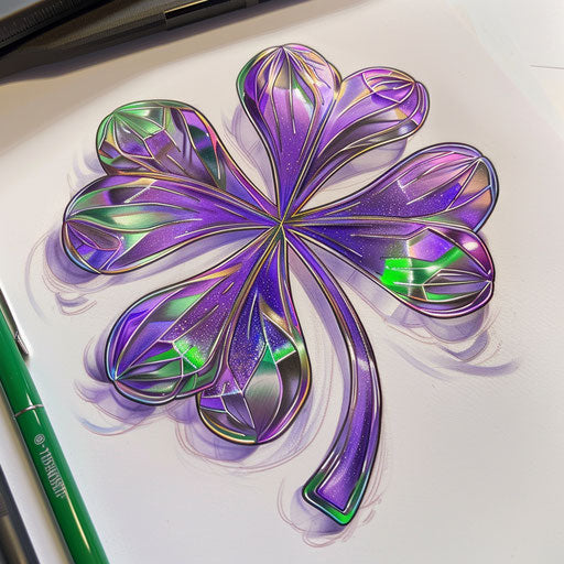 Futuristic sketch of a clover with holographic and metallic effects