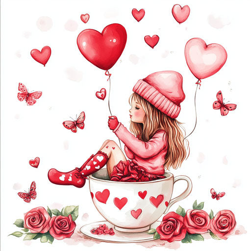 Cute girl in a coffee cup with heart-shaped balloons