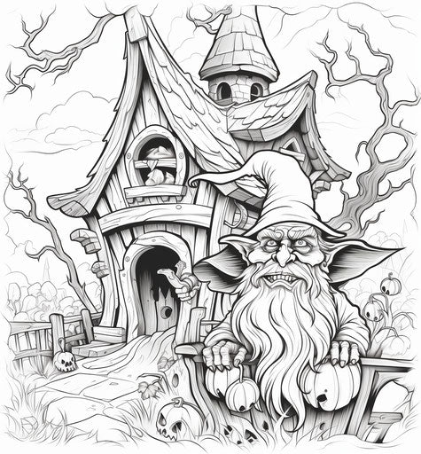 Coloring pages of a vampire, witch and dwarves in a Halloween house