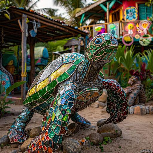 A turtle with a shell made of recycled materials, in an eco-friendly community.