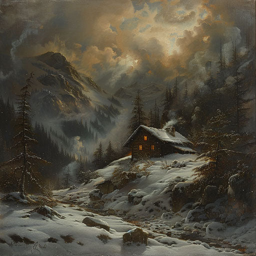 Winter scene at a mountain cabin