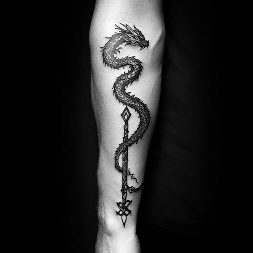 Dragon arm tattoo spiraling around a runic staff