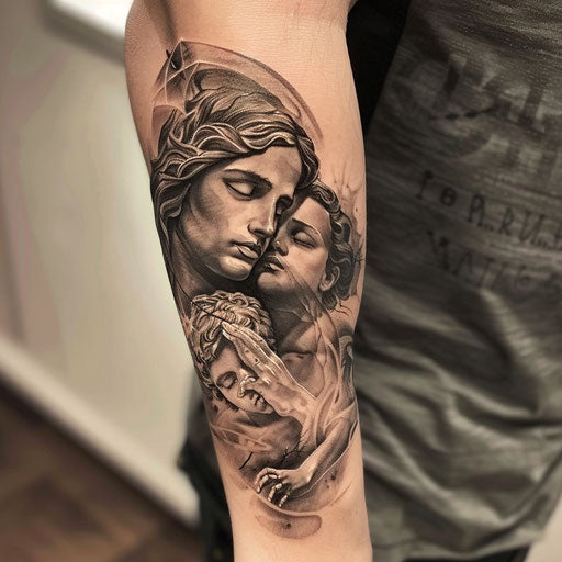 Mother son tattoos with mystical themes, in the style of David Palumbo