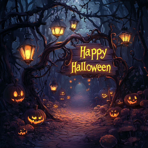 Mystical forest path illuminated by lanterns