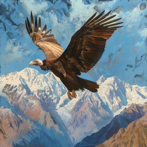 Chilean condor flying, wide view, Andes Mountains background