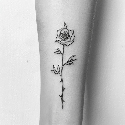 Minimalist flat tattoo sketch of a single rose with a delicate stem and thorns