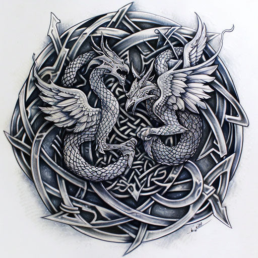 Celtic knot tattoo with mythological creatures on white background