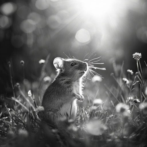 Mouse animal standing on a bright sunlit meadow