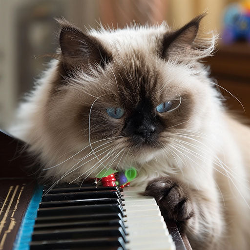 Himalayan cat playing with a small toy piano, playful