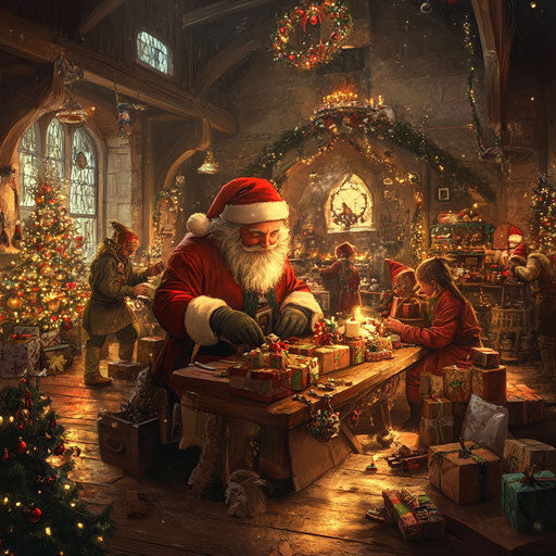 Workshop filled with toys and gifts, elves busy crafting