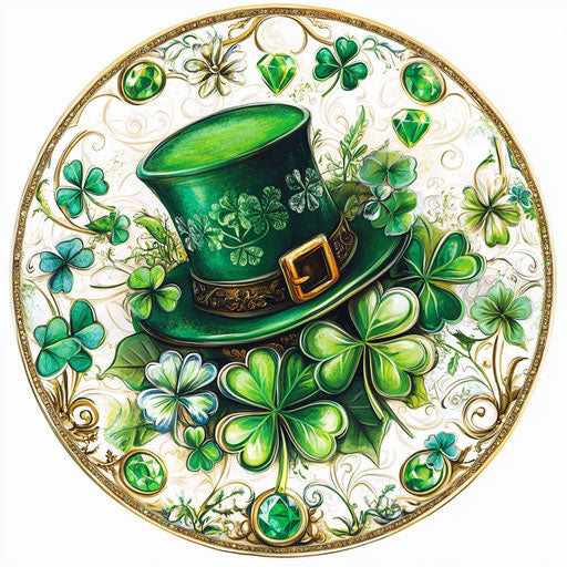 Clovers, Green Gems, and Irish Hat on White Background