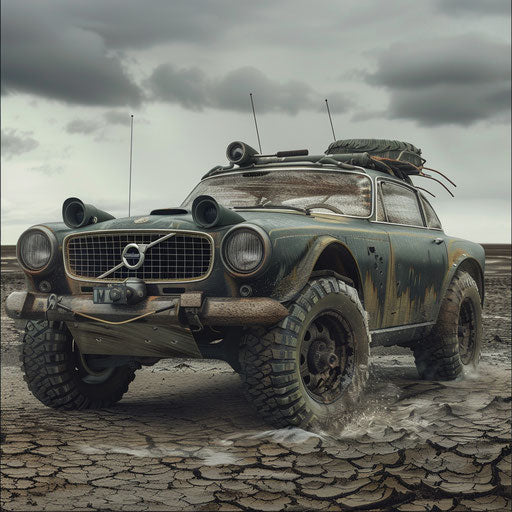 Post-apocalyptic survivor: Armored Volvo P1800 with off-road upgrades.