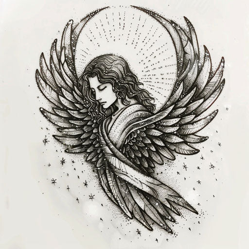 Sketch of spiritual sparkle tattoo with winged angel dusted in silver glitter