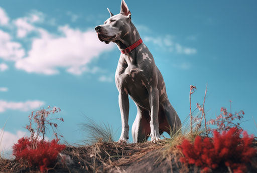 Terrier pit dog standing on a hill with blue sky
