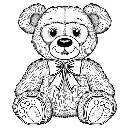 Teddy bear with bow tie sitting. Coloring book page