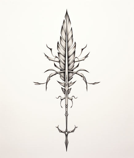 A black and white drawing of a bow and arrow with feathers