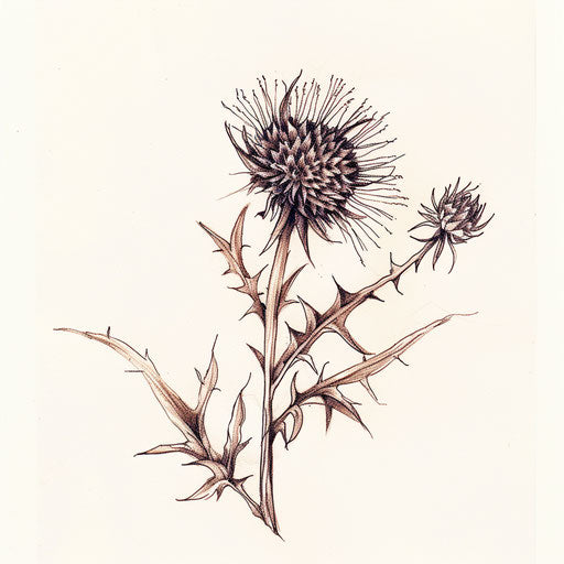 Sketch of small rustic style thistle tattoo, earth tones on white background