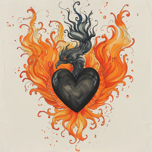 Black heart surrounded by fiery phoenix in vibrant orange