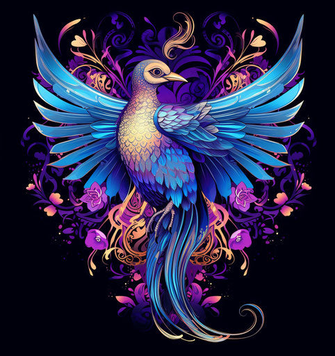 Traditional blue and purple bird in fanciful ornamentation style