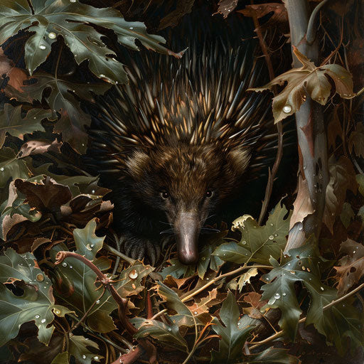Echidna nestled in the undergrowth, detailed and lifelike