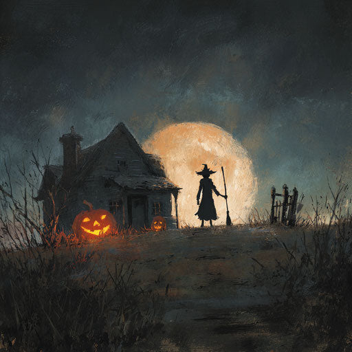 The witch and the pumpkins under the bright moon