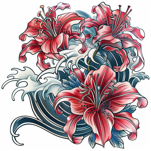 Japanese style spider lily tattoo with waves and wind bars in traditional colors on a pure white background