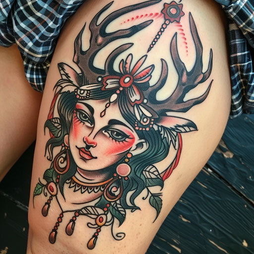 Rustic flat tattoo sketch of Artemis with a traditional folk style deer