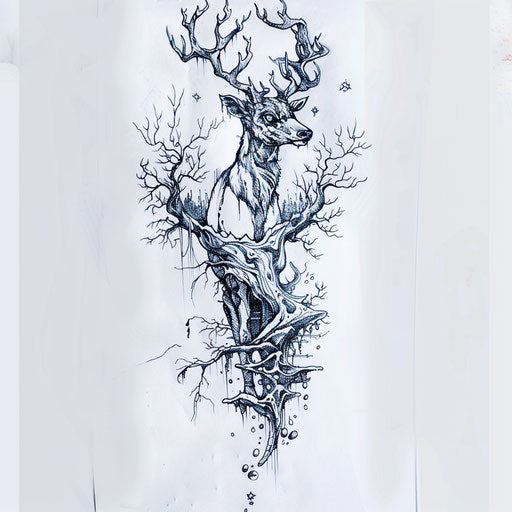 Flat tattoo sketch of a Wendigo in a serene snowy setting