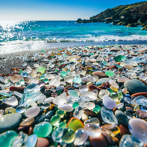 Beach scene at Glass Beach with bright sea glass