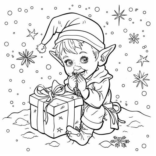 A cute Christmas elf holding a gift box. Coloring book page