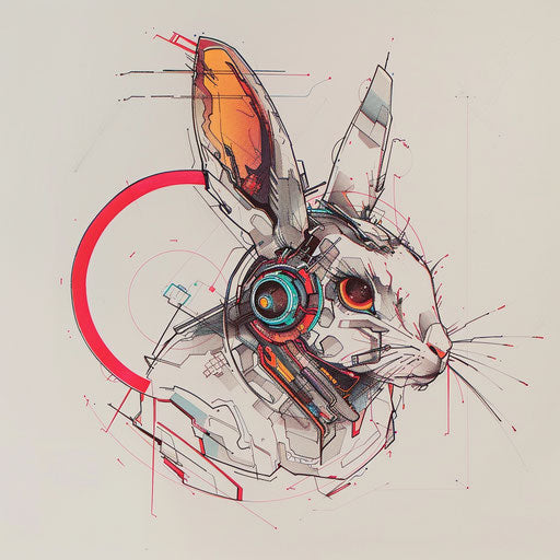 Futuristic flat tattoo design of a bunny with neon lines