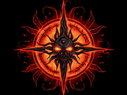 Shaman symbol with sun-shaped pentacle of fire, punk rock style