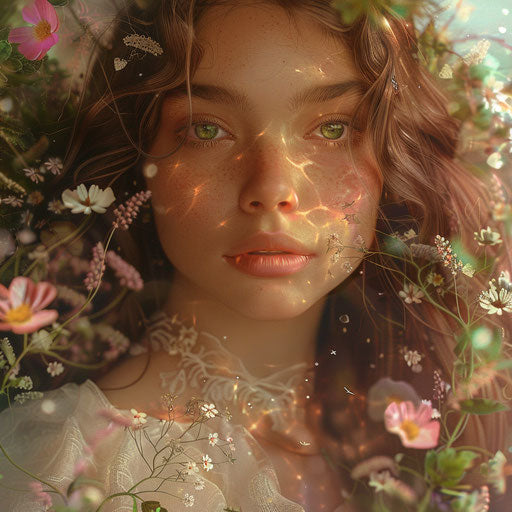 June illustration in photo realistic style with flat random background, ethereal glow and soft edges