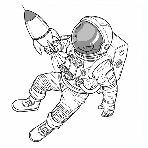 Astronaut holding rocket ship, simple and bold outline