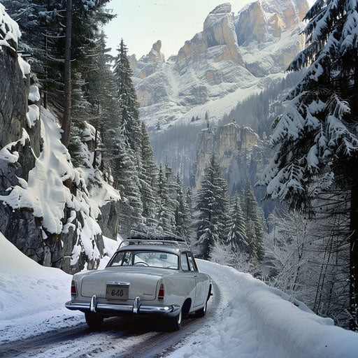 Winter wonder: 1966 Volvo P1800 with ski racks in snowy mountain pass