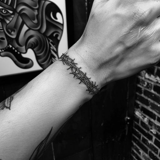 Bold flat tattoo sketch of a wrist band with barbed wire details